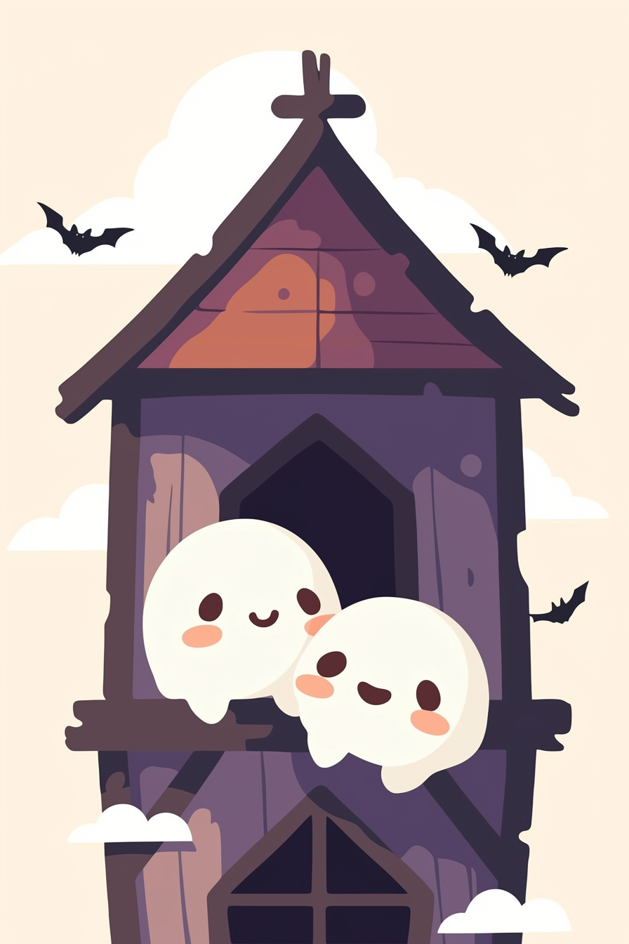 cute halloween drawings for kids, showcasing two adorable ghosts in front of a purple haunted house, with bats flying above.